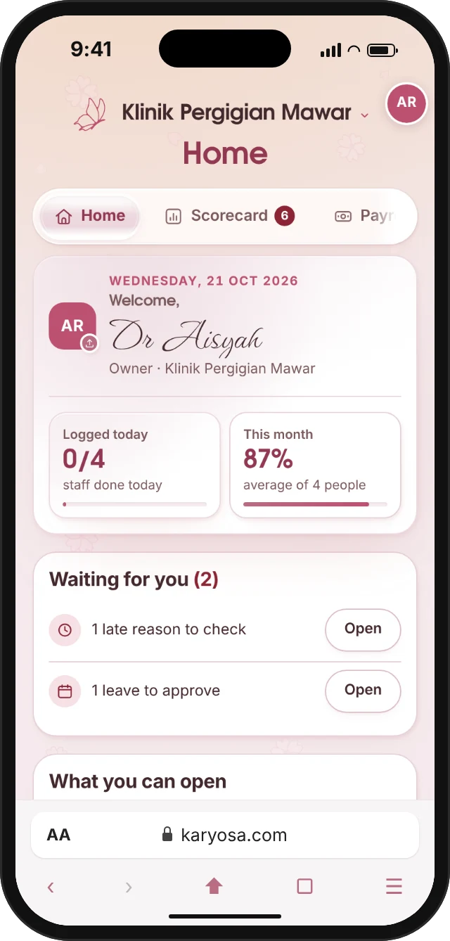 The Karyosa Home screen on a phone: today’s date, a welcome, and how the team is doing today and this month.