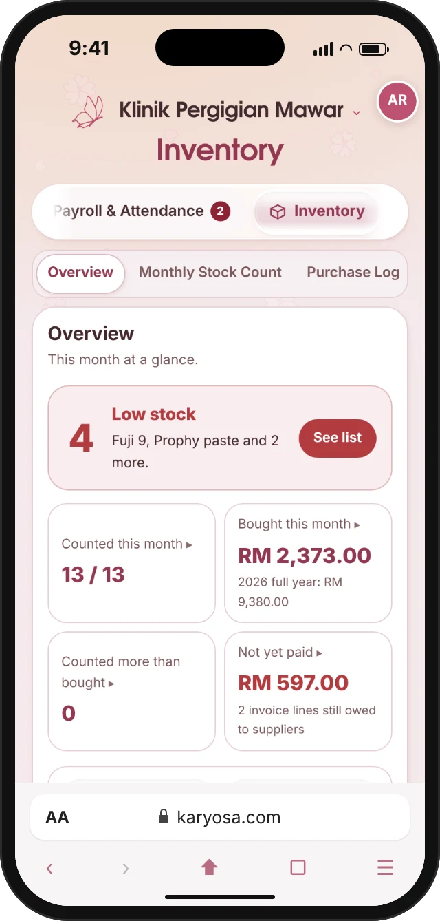 The inventory overview on a phone: counted this month, what needs re-ordering, what was bought, and what is running low.