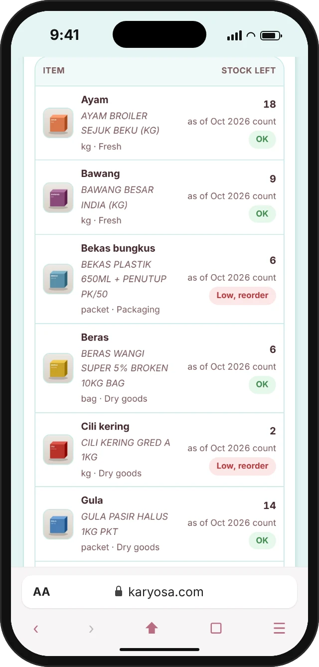 The inventory overview for a restaurant on a phone, showing chicken, onions, rice and chillies.