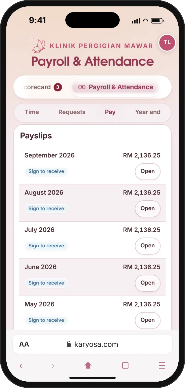 A staff member’s own payslips on a phone, month by month, each ready to sign.