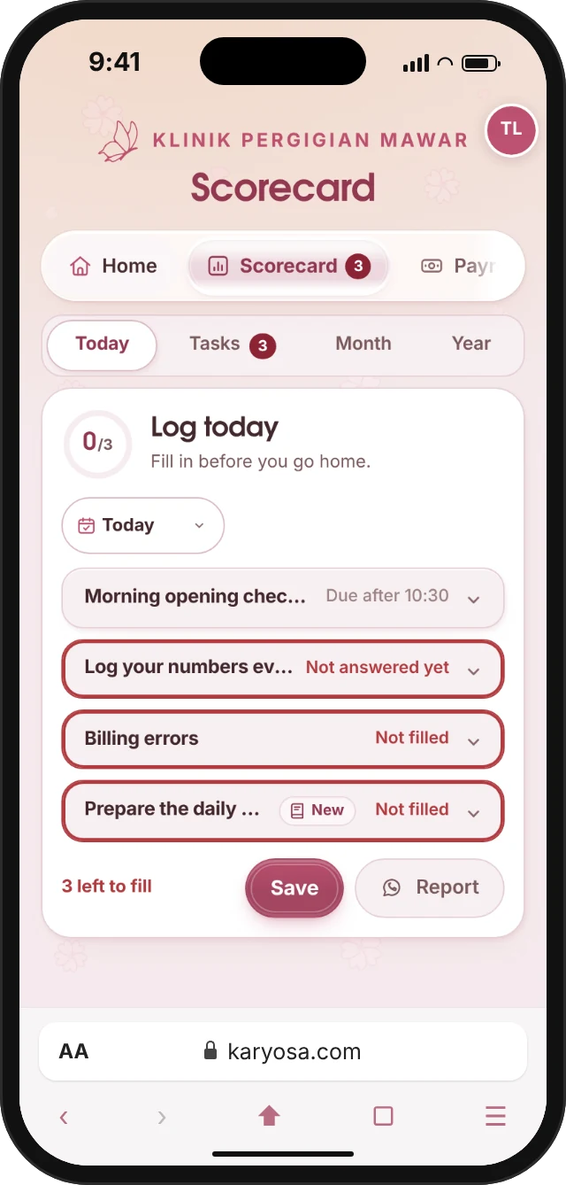 A staff member’s daily checklist on a phone: what to fill in before going home.