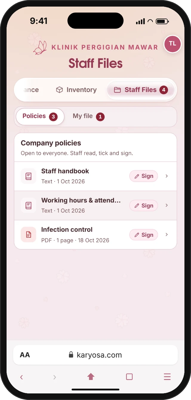 Staff Files on a phone: company policies, each waiting for the staff member’s signature.